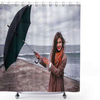 Personality  Redhead Girl With Umbrella By The Sea Shower Curtains