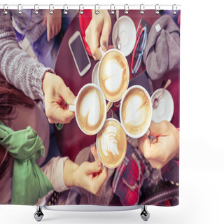 Personality  Group Of Friends Drinking Cappuccino At Coffee Bar Restaurant - People Hands Cheering And Toasting With Upper View Point - Social Gathering Concept With Men And Women - Vintage Marsala Filtered Look Shower Curtains