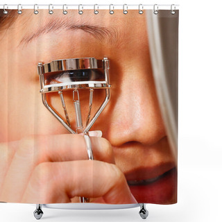 Personality  Using A Curler To Curl Her Eyelashes Shower Curtains