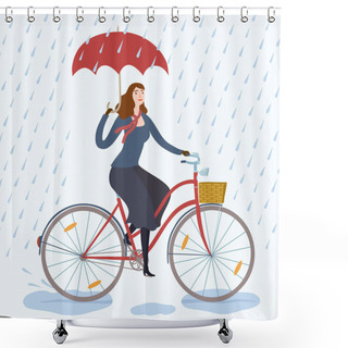 Personality  City Woman Cyclist Under The Rain Vector Illustration Shower Curtains