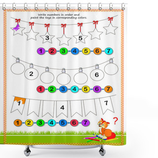 Personality  Math Education For Children. Write Numbers In Order And Paint The Toys In Corresponding Colors. Worksheet For School. Coloring Book. Kids Activity Sheet. Online Playing. Game Task For Attention. Shower Curtains