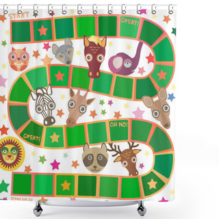 Personality  Funny Cartoon Animals Game For Preschool Children, Elephant Deer Horse, Giraffe Owl Raccoon, Wolf Zebra Lion, White Green Squares On White Background. Vector Illustration Shower Curtains