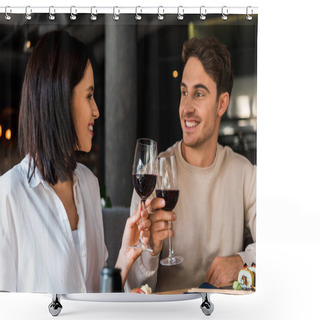 Personality  Happy Man And Cheerful Woman Clinking Glasses With Red Wine Near Sushi  Shower Curtains
