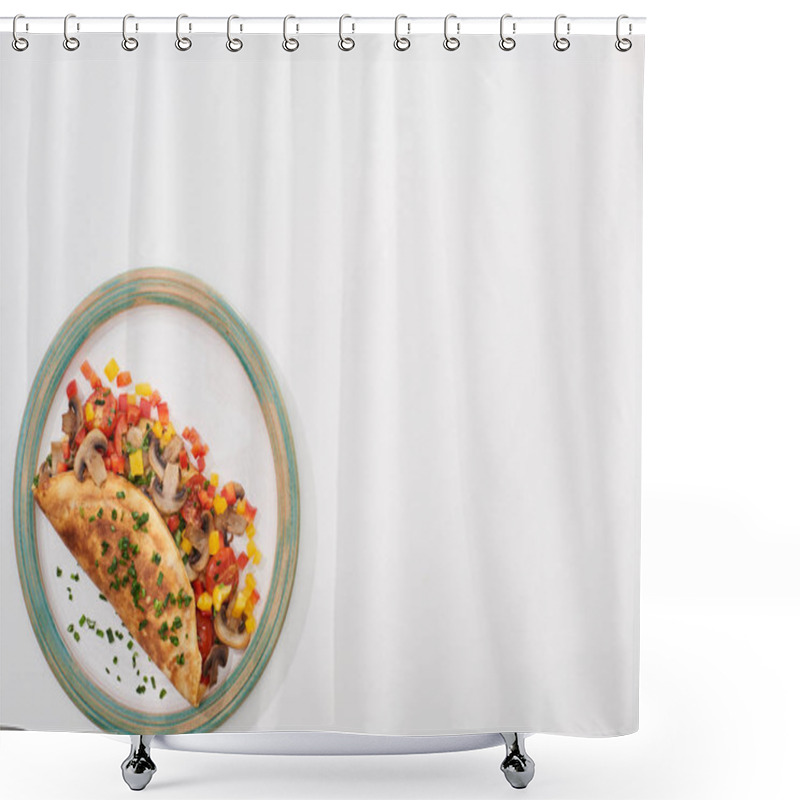 Personality  top view of plate with homemade wrapped omelet with mushrooms and bell peppers on white table  shower curtains