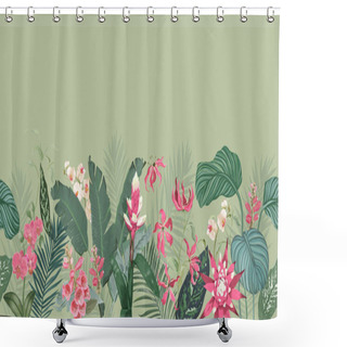 Personality  Seamless Tropical Floral Print With Exotic Flowers Guzmania Orchid Blossoms, Jungle Fern Leaves On Green Background. Rainforest Plants Wallpaper Template, Nature Textile Ornament Vector Illustration Shower Curtains