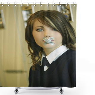 Personality  Female Student In Uniform With X Taped Over Mouth Shower Curtains