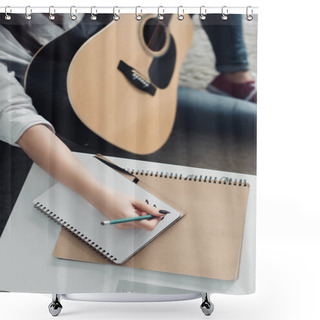 Personality  Cropped View Of Girl With Acoustic Guitar Writing In Notebook While Composing Music At Home Shower Curtains