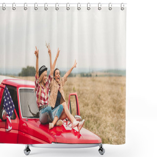Personality  Beautiful Young Girlfriends Sitting On Car Hood With Raised Hands And Showing Peace Signs Shower Curtains