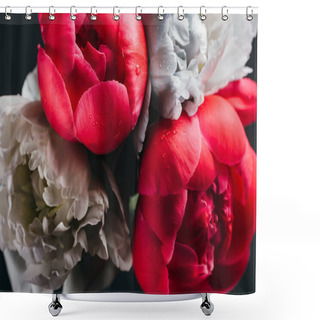 Personality  Bouquet Of Wet Pink And Blue Peonies Isolated On Black, Close Up View Shower Curtains