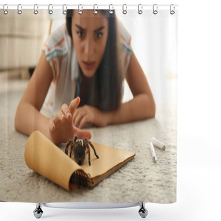Personality  Young Woman And Tarantula On Carpet. Arachnophobia (fear Of Spiders) Shower Curtains