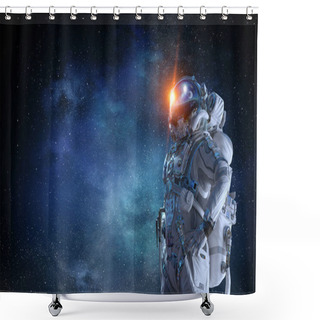 Personality  Spaceman And His Mission. Mixed Media Shower Curtains