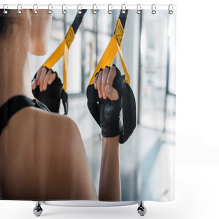 Personality  Cropped View Of Sportswoman Training With Resistance Bands At Gym Shower Curtains