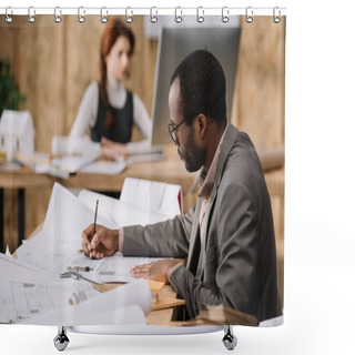 Personality  Handsome African American Architect Drawing Building Plans While His Colleague Working With Computer Shower Curtains