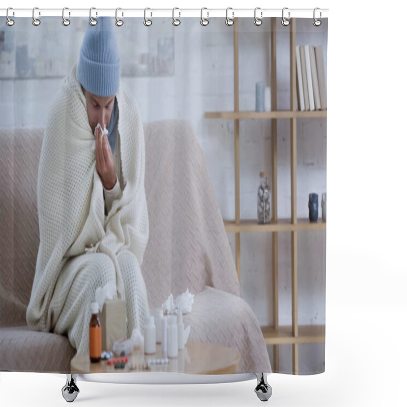 Personality  Ill Man Wiping Nose With Paper Napkin While Sitting In Warm Blanket And Hat Near Medicaments On Table Shower Curtains