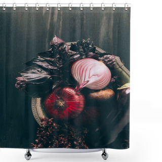 Personality  Top View Of Basil, Onions And Eggplant On Grey Plate Shower Curtains