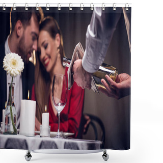 Personality  Waiter Pouring Wine While Beautiful Couple Having Romantic Date In Restaurant On Valentines Day Shower Curtains