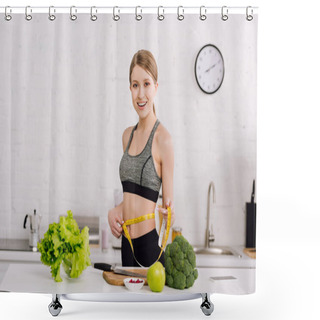 Personality  Sportive Girl Measuring Waist Near Fresh Food In Kitchen  Shower Curtains
