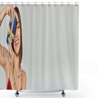 Personality  Jolly Lady Smiling With Closed Eyes With Present In Front Of Her Face, Holiday Gifts Concept, Banner Shower Curtains