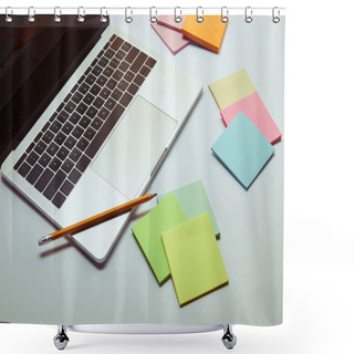 Personality  Laptop, Paper Stickers And Pencil On White Tabletop  Shower Curtains