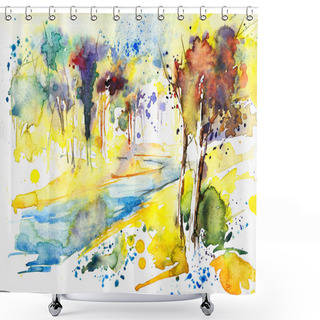 Personality  Abstract Watercolor Painting Of Spring, Krishnachura Tree Red Flowers And Radhachura With Bright Yellow Flowers On Full Bloom Beside A Blue River In The Morning. Hand Painted Watercolor Illustration. Shower Curtains
