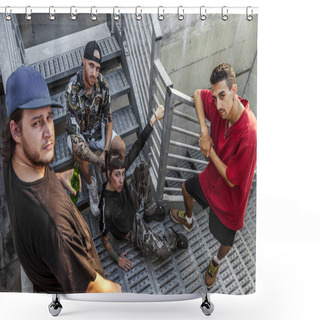 Personality  Group Of Young Rappers Posing On The Metal Stairs Of An Abandoned Building Shower Curtains