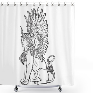 Personality  Sketch Drawing Of Sitting Sphinx Isolated On White Background. Shower Curtains