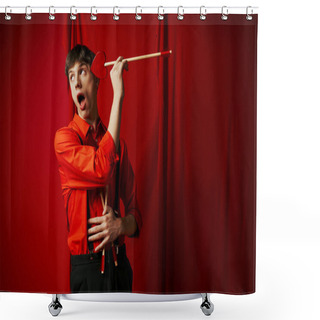 Personality  Shocked Young Man With Opened Mouth Holding Heart Shaped Arrow On Red Background, 14 February Shower Curtains