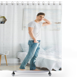 Personality  Handsome Man In White T-shirt And Jeans Standing Near Bed At Home Shower Curtains