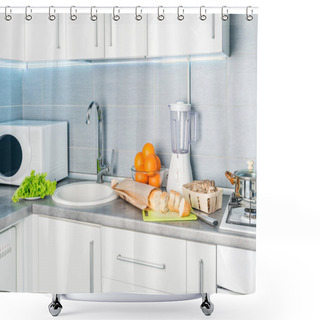 Personality  White Modern Kitchen With Food On It Shower Curtains