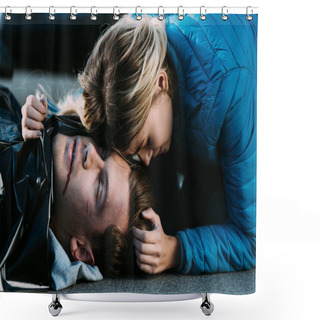 Personality  Close-up View Of Young Woman Crying And Hugging Dead Man On Road After Traffic Collision Shower Curtains