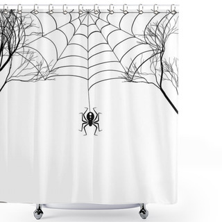 Personality  Cobweb Between Tree Branches And A Small Spider On A White Background. Shower Curtains