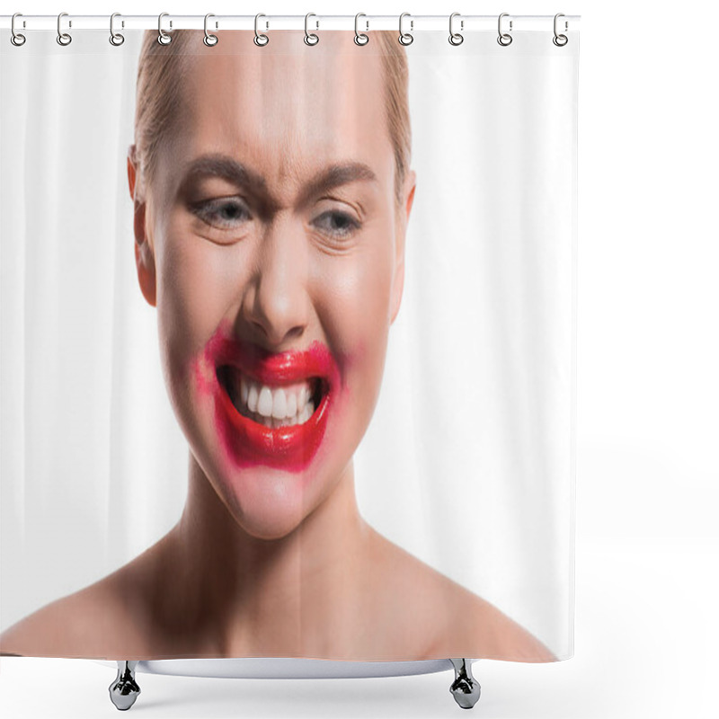 Personality  Emotional Woman With Smeared Red Lipstick On Face Showing Teeth Isolated On White Shower Curtains