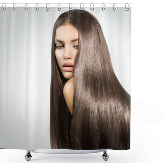 Personality  Long Healthy Straight Hair. Model Brunette Girl Portrait Shower Curtains
