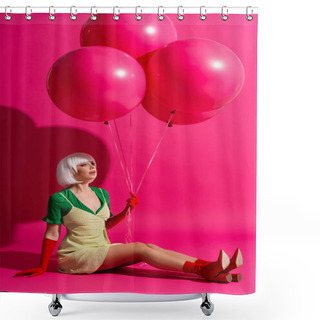 Personality  Beautiful Shocked Girl In White Wig Holding Balloons On Pink Shower Curtains