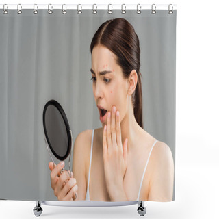 Personality  Shocked Young Woman With Acne On Face Looking At Mirror Isolated On Grey  Shower Curtains