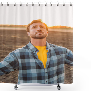 Personality  Rancher In Checkered Shirt Looking Up While Standing On Plowed Field Shower Curtains