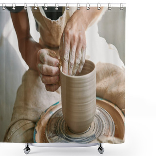 Personality  Cropped Image Of Male Craftsman Working On Potters Wheel At Pottery Studio Shower Curtains