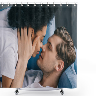 Personality  Young Multiracial Couple Kissing While Lying On Sofa Shower Curtains