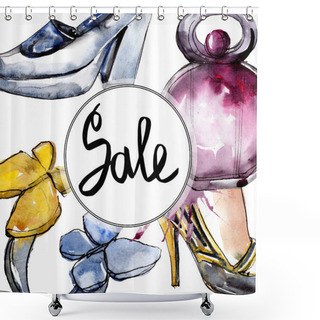 Personality  Fashionable Sketch In A Watercolor Style Isolated Element. Clothes Accessories Set Trendy Vogue Outfit. Watercolour Background Illustration Set. Frame Border Ornament Square. Shower Curtains