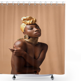 Personality  Sexy Naked Tribal Afro Woman Posing Isolated On Beige Shower Curtains