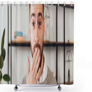 Personality  Exited Man Covering Mouth With Hand And Looking At Camera, Panoramic Shot Shower Curtains