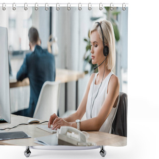 Personality  Selective Focus Of Attractive Blonde Businessman In Headset Typing On Computer Keyboard In Office  Shower Curtains