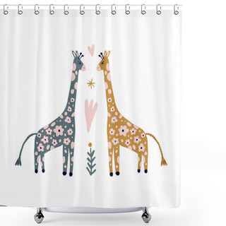 Personality  Giraffe Flowers Skin Print, Jungle Vector Baby Funny Illustration In Scandinavian Style For Kids, Safari Africa Wild Animals, Cute Little Cartoon Characters, Pastel Colors Art Shower Curtains