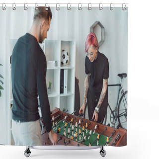 Personality  Young Tattooed Colleagues Playing Foosball In Office Shower Curtains