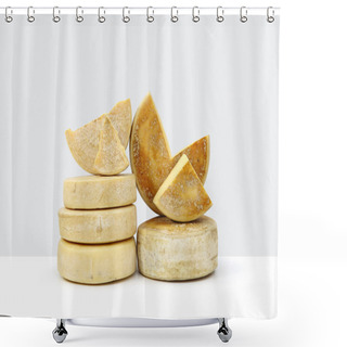 Personality  Various Forms Of Cheese On White Background  Shower Curtains