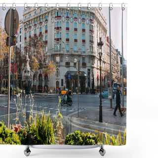 Personality  BARCELONA, SPAIN - DECEMBER 28, 2018: Busy Street With Beautiful House On Crossroad Shower Curtains