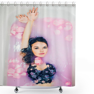 Personality  Brunette Woman In Pink Water Shower Curtains