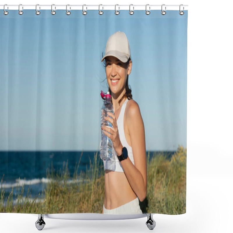 Personality  Happy And Sportive Woman In Baseball Cap Holding Bottle With Water Near Ocean Shower Curtains