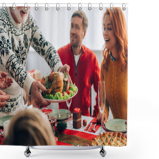 Personality  Selective Focus Of Granddad Serving Turkey On Festive Table Near Family At Home Shower Curtains