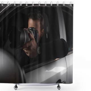 Personality  Paparazzi Doing Surveillance By Camera With Lens From His Car  Shower Curtains